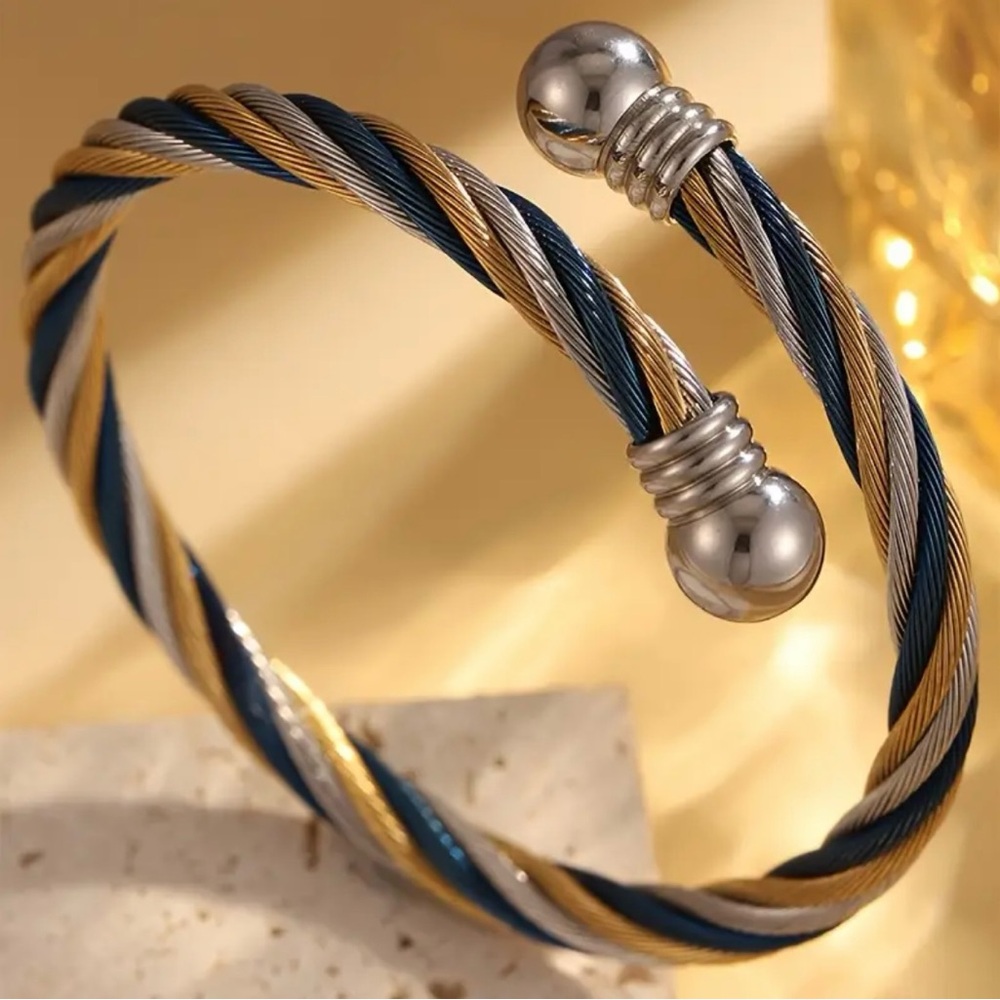 Stainless Steel Tri-Color Twisted Cable Bracelel 18k Gold Plated